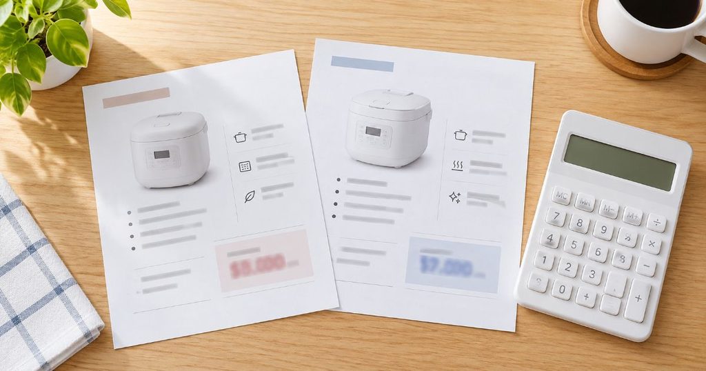 やすい	ホットクック2機種の商品メモと電卓で価格を比較するイメージ