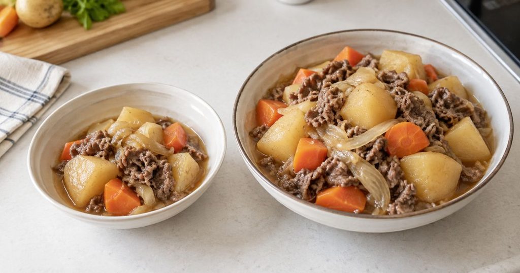 少量と多量に分けた肉じゃがの比較