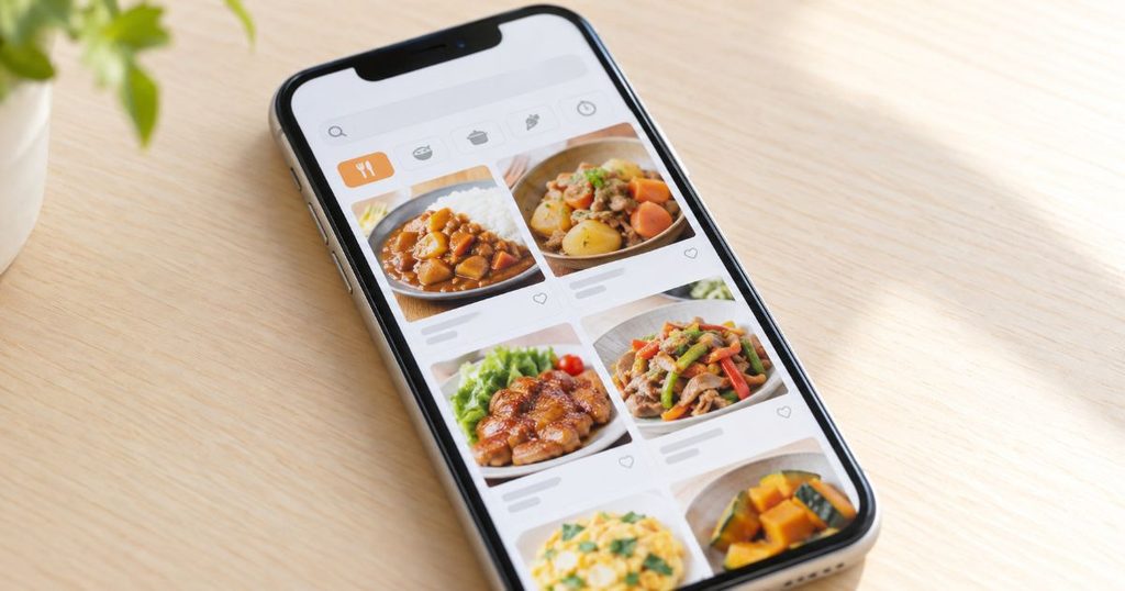スマホに表示された複数の料理レシピ