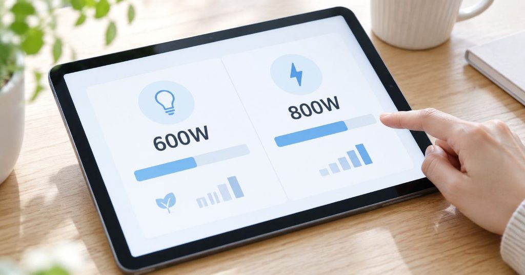 タブレットで600Wと800Wの消費電力を比較する画面
