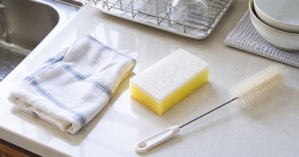 ふきん・スポンジ・細いブラシを並べたお手入れ道具