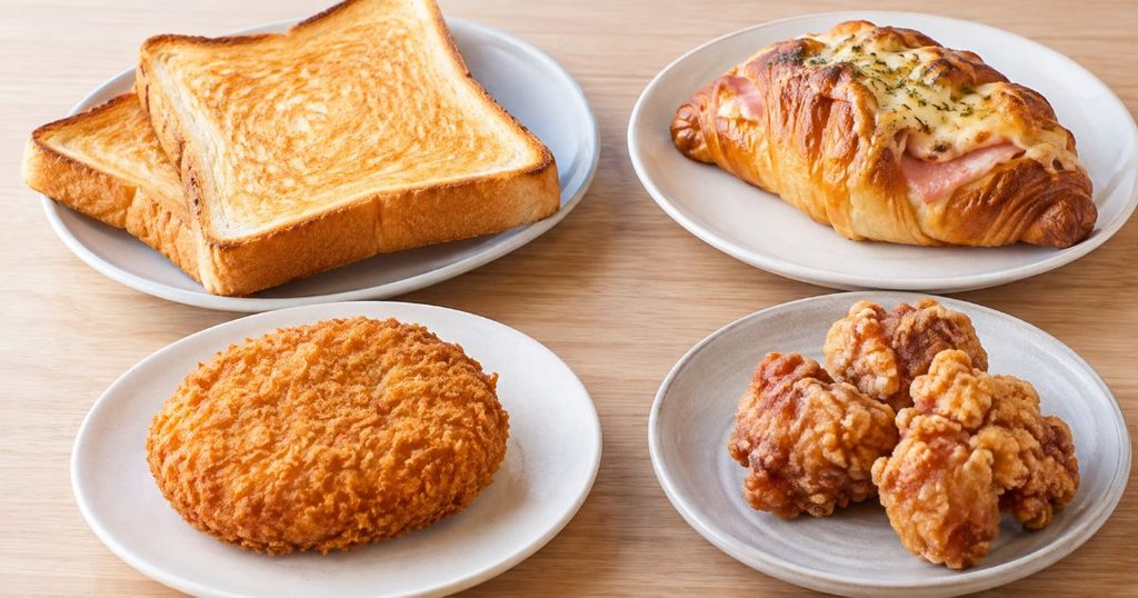 トーストと惣菜パンとコロッケと唐揚げを並べた画像