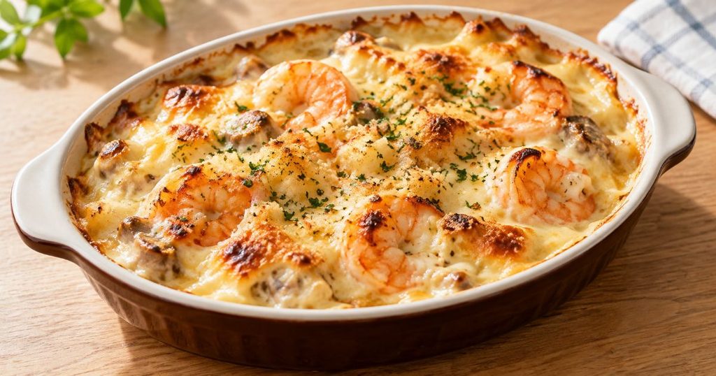 表面を香ばしく焼いたエビグラタン
