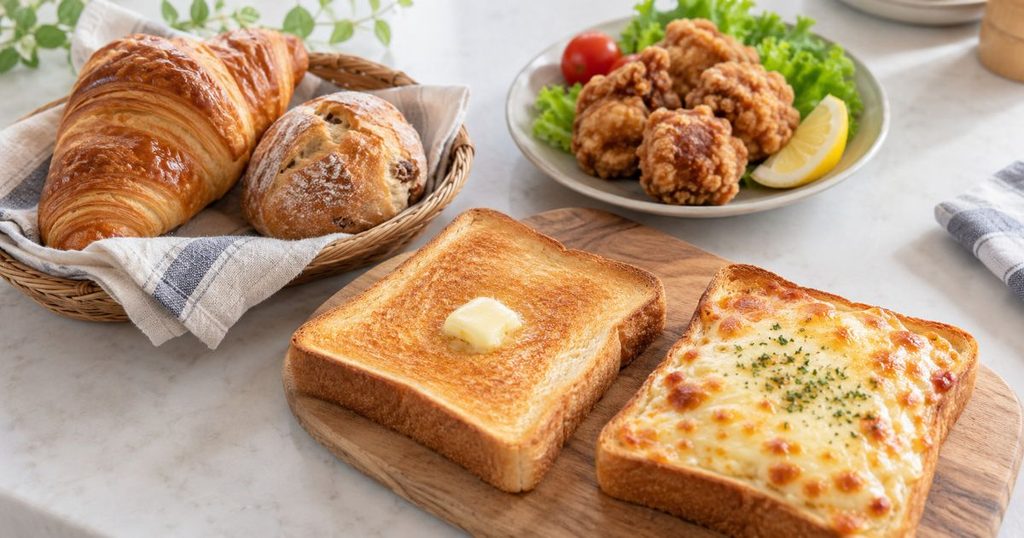 トーストやパンと唐揚げを並べた画像