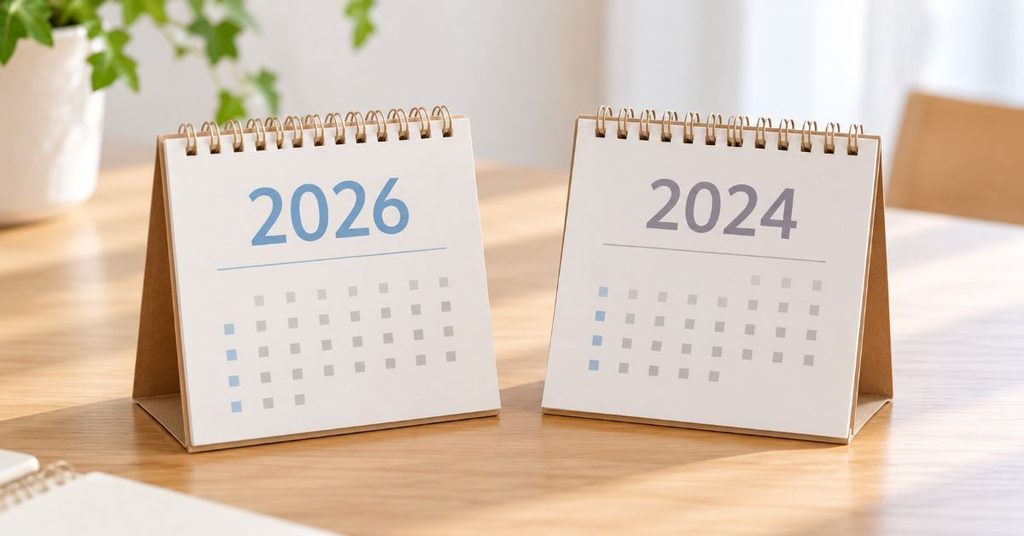 2026年と2024年のカレンダーを並べた発売時期比較のイメージ