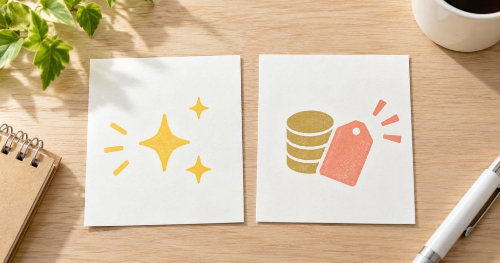 新しさ重視と価格重視を示す2枚の選択メモ