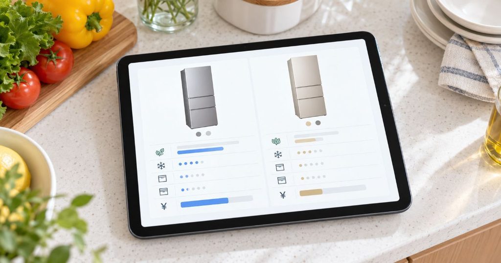 タブレット画面でMR-CX37NとMR-C37Nを比較している様子