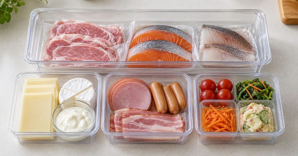 肉や魚、乳製品などを保存容器に分けて整理した様子