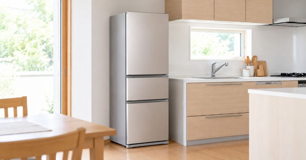 明るいキッチンに設置された3ドア冷蔵庫の外観