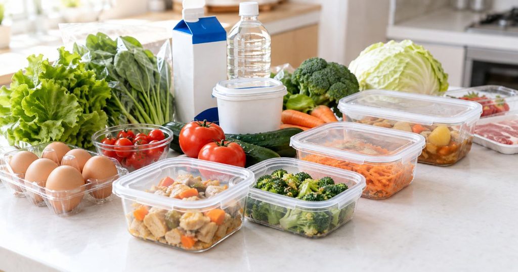 冷蔵保存する食品と作り置き容器を並べたキッチンカウンター