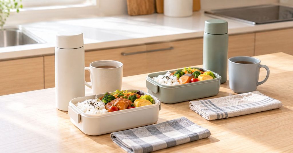 2人分の弁当箱・水筒・マグカップを並べたキッチンカウンター