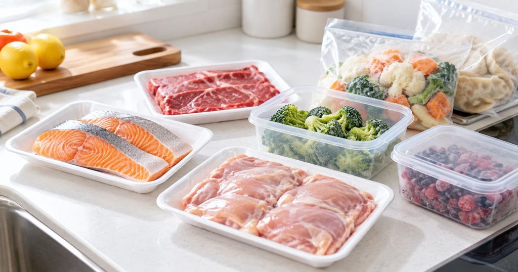 肉・魚・冷凍野菜などの保存食材を並べたキッチンカウンター