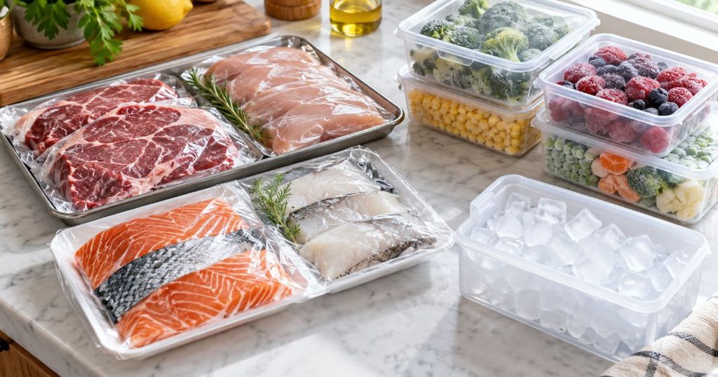 肉や魚、冷凍食品、氷を並べた保存イメージ