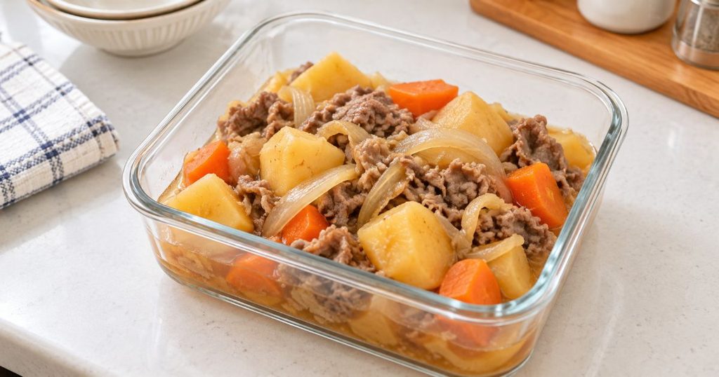 ガラス製の耐熱容器に入った肉じゃが