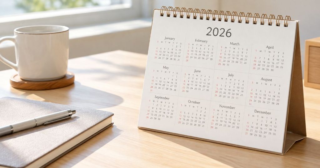 2026年が表示された卓上カレンダー