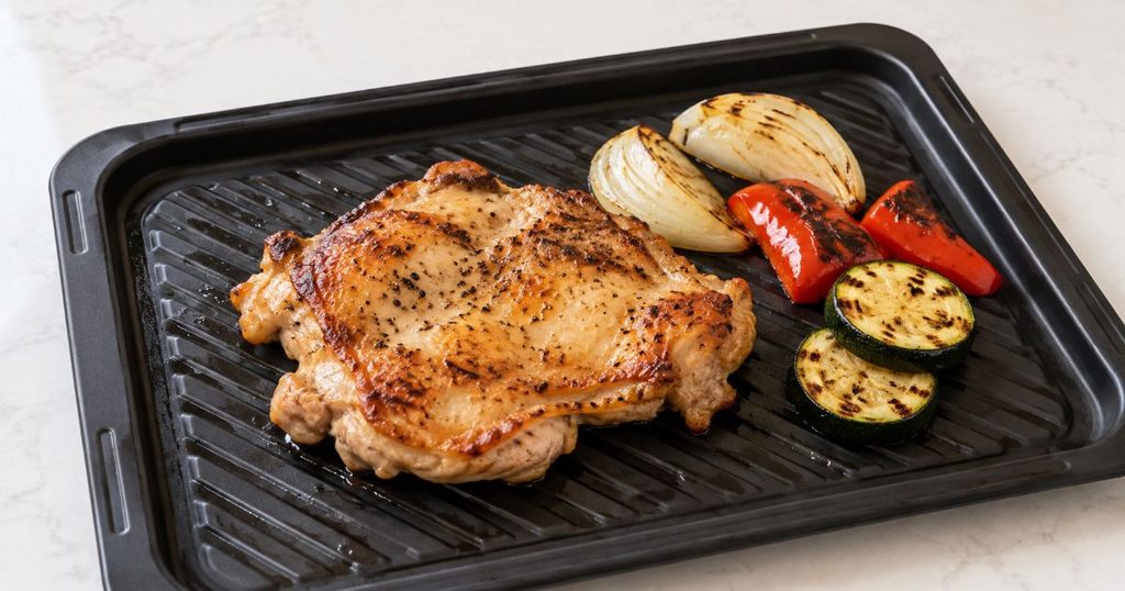 チキンステーキと焼き野菜をのせたグリル皿