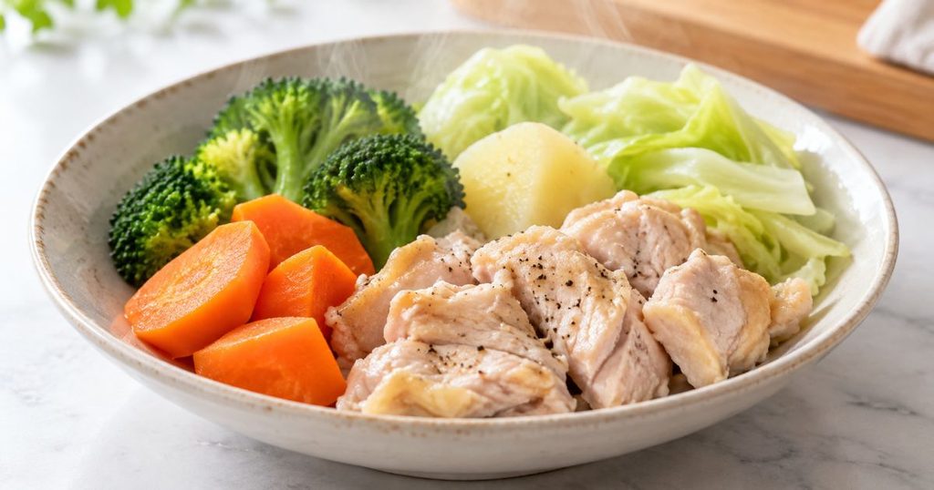 蒸し鶏と温野菜を盛り付けたスチーム調理の料理