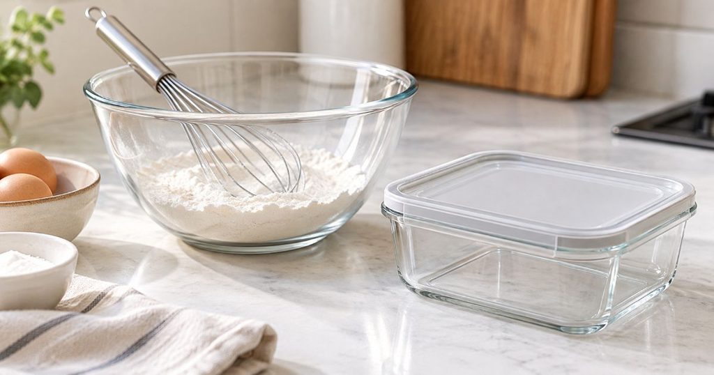 ボウルと泡立て器、耐熱保存容器を置いたキッチンカウンター