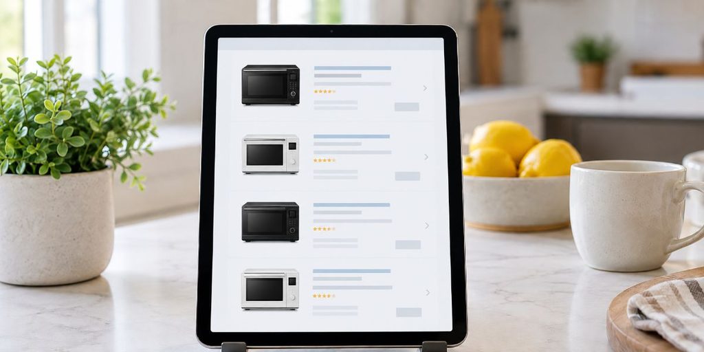複数の卓上オーブンレンジを表示したタブレットの比較一覧画面