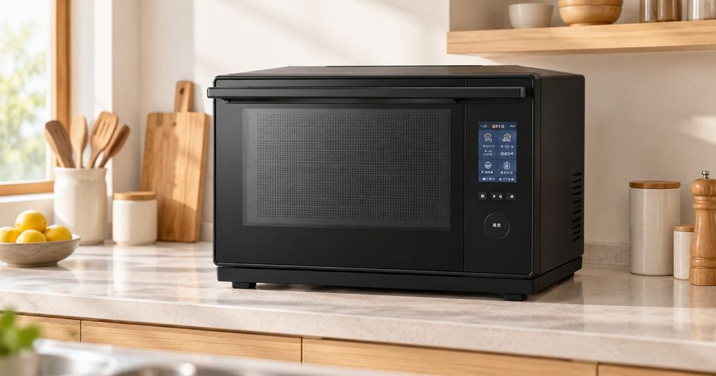 キッチンに設置された黒いスチームオーブンレンジ