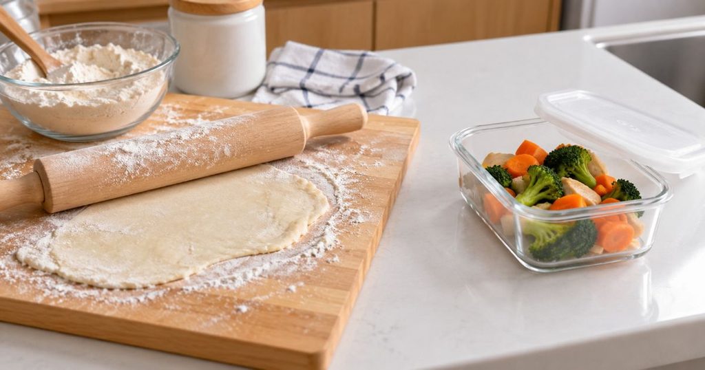 パン作りの道具と保存容器を並べたキッチンカウンター
