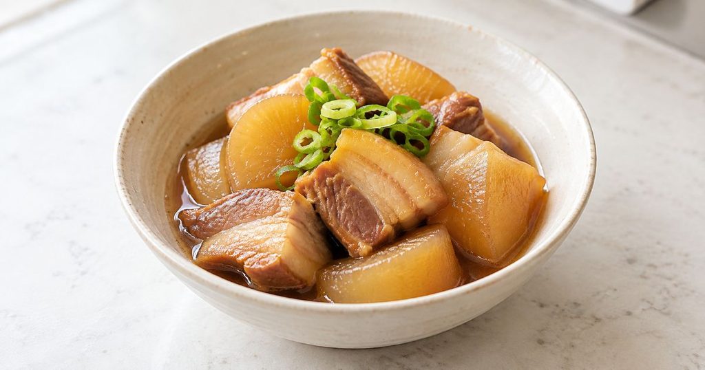 豚の角煮と大根を盛り付けた煮込み料理