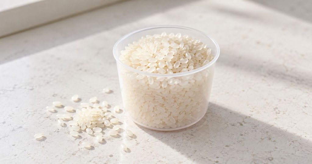 炊飯前の白米を入れた計量カップ