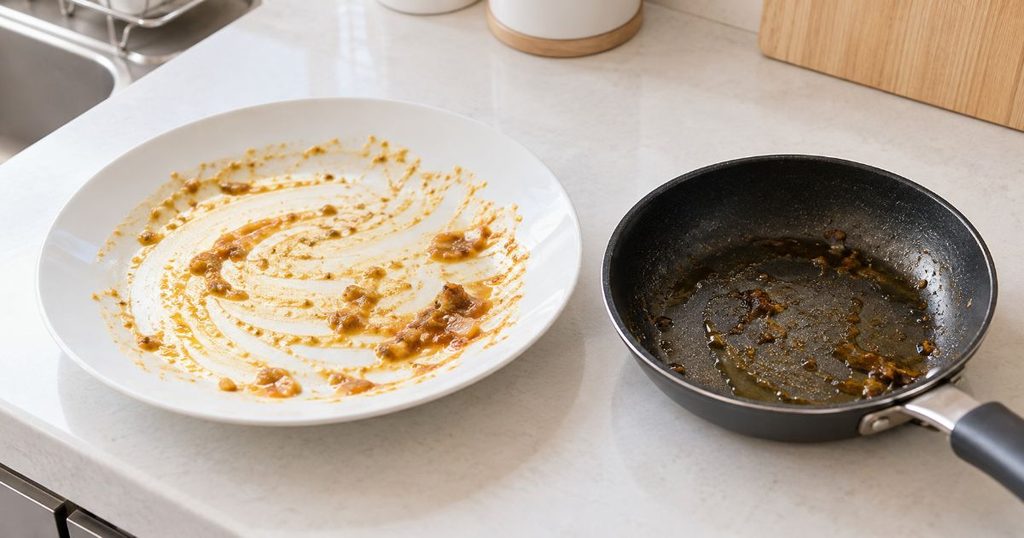 油汚れが残った皿とフライパン