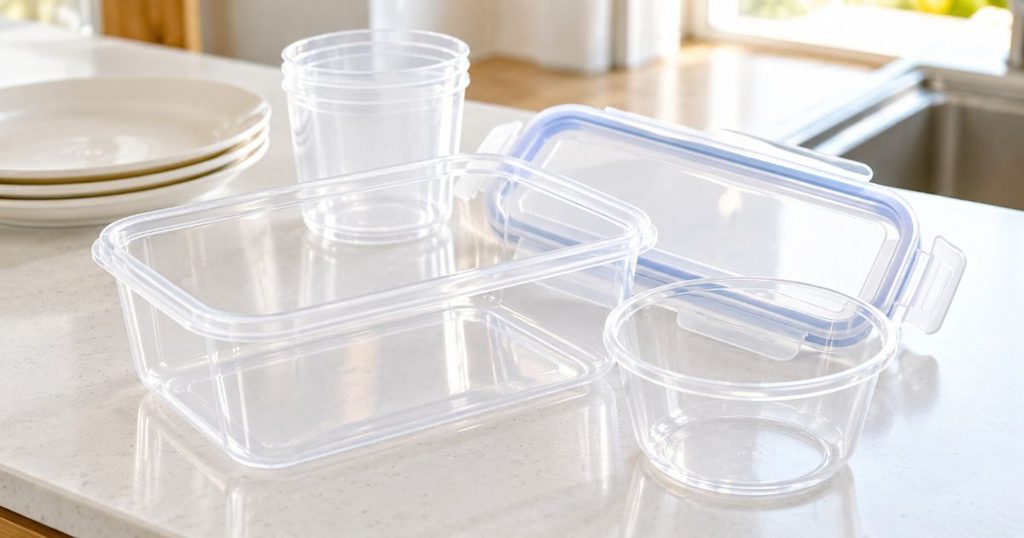 洗浄後の乾いたプラスチック保存容器と食器