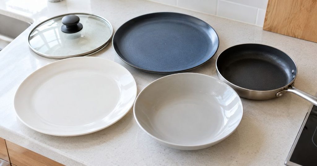 大皿とフライパン、鍋ぶたなどの調理器具
