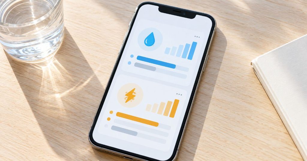 水道と電気の使用量を示すスマートフォン画面