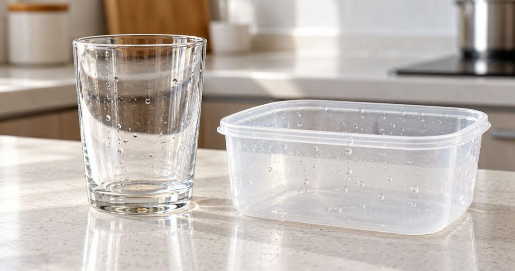 水滴が残ったグラスと樹脂製保存容器