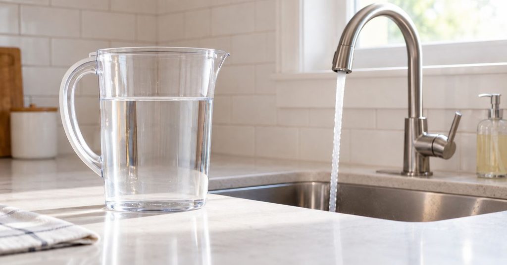 透明な給水ピッチャーと水が流れるキッチン蛇口