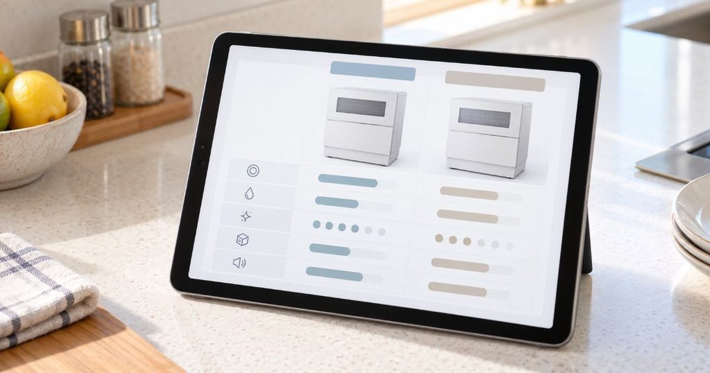タブレット画面で2台の食洗機を比較している様子
