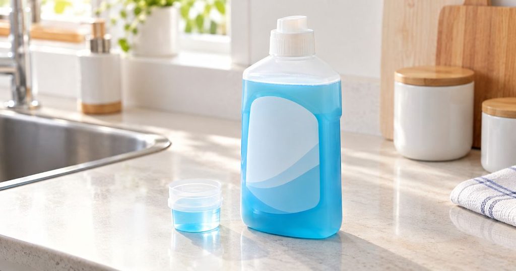 キッチンカウンターに置かれた液体洗剤ボトルと計量キャップ