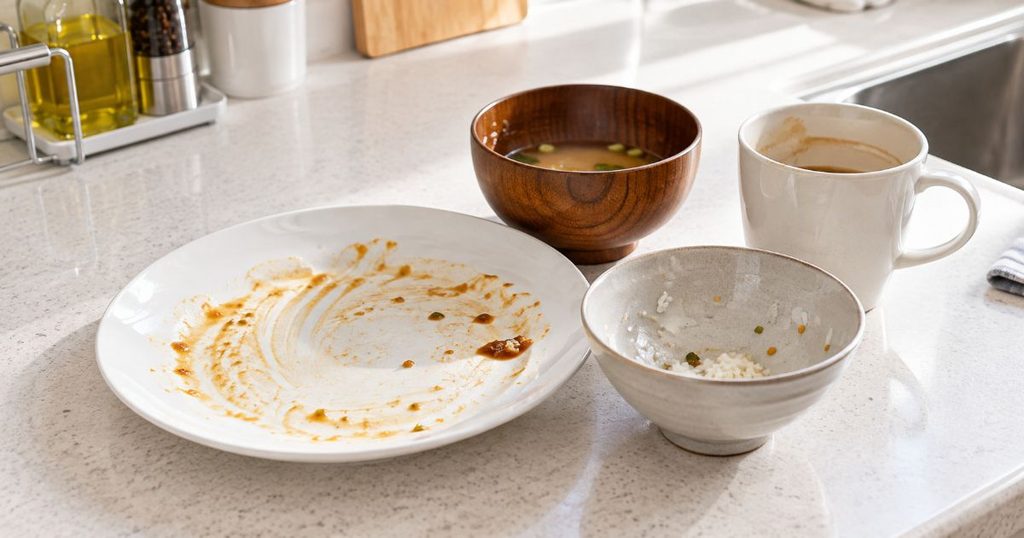 汚れ方の異なる食器が並んだキッチンカウンター