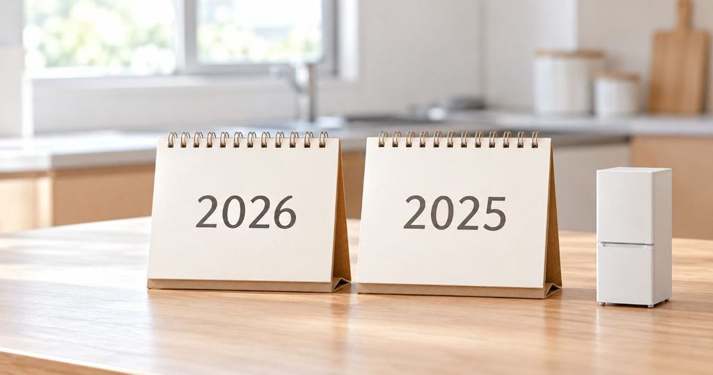 2026年と2025年を表示した卓上カレンダーと小型冷蔵庫のイメージ
