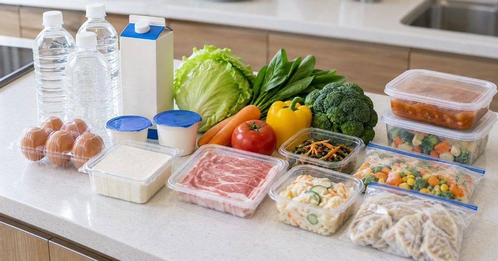 飲み物や野菜、冷蔵食品、冷凍食品を並べたキッチンカウンター