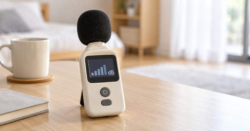 静かな室内でdB表示を示すデジタル騒音計