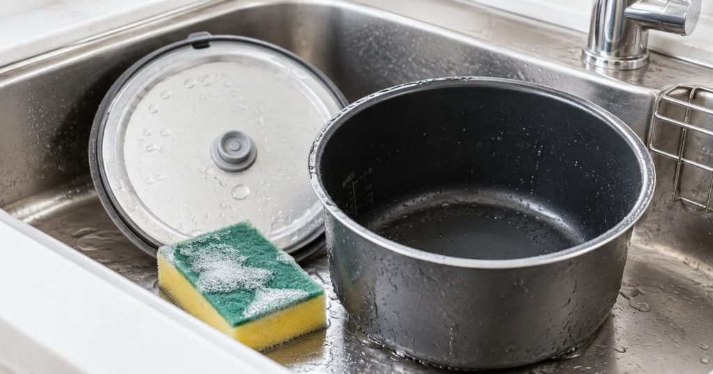 シンク内でスポンジと炊飯器用パーツを洗うお手入れイメージ