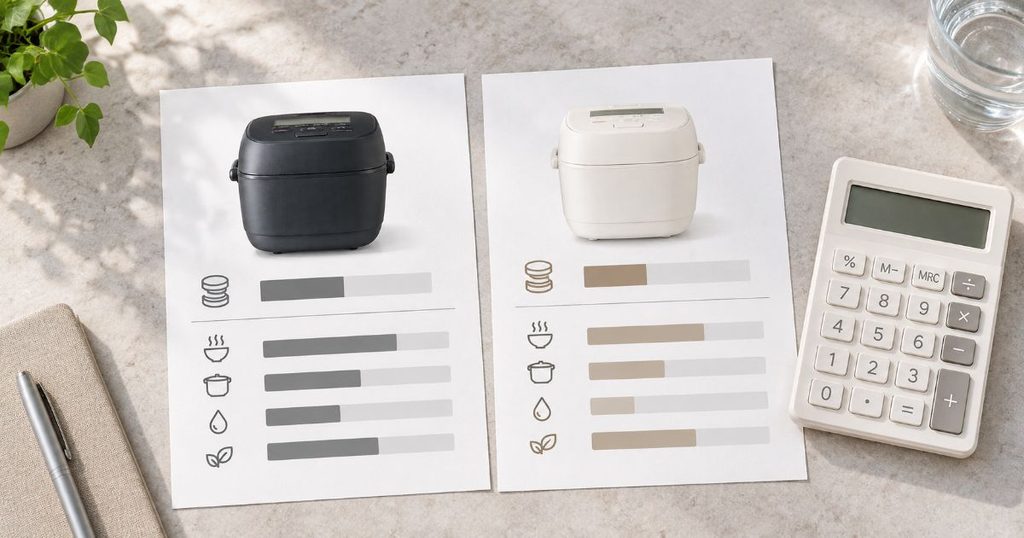 電卓と2枚の商品比較メモで価格差を確認するイメージ