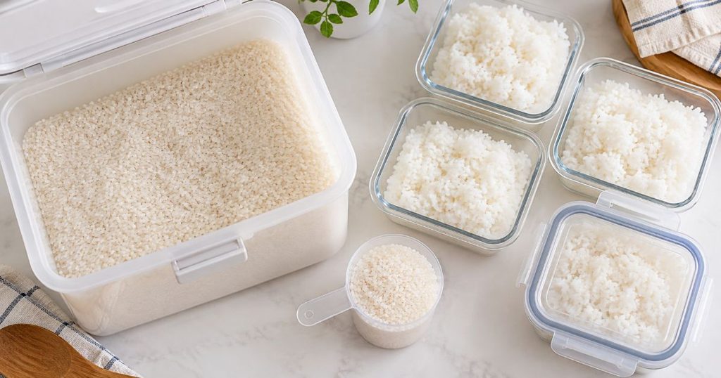 米びつと計量カップとごはん保存容器を並べた炊飯スタイルのイメージ