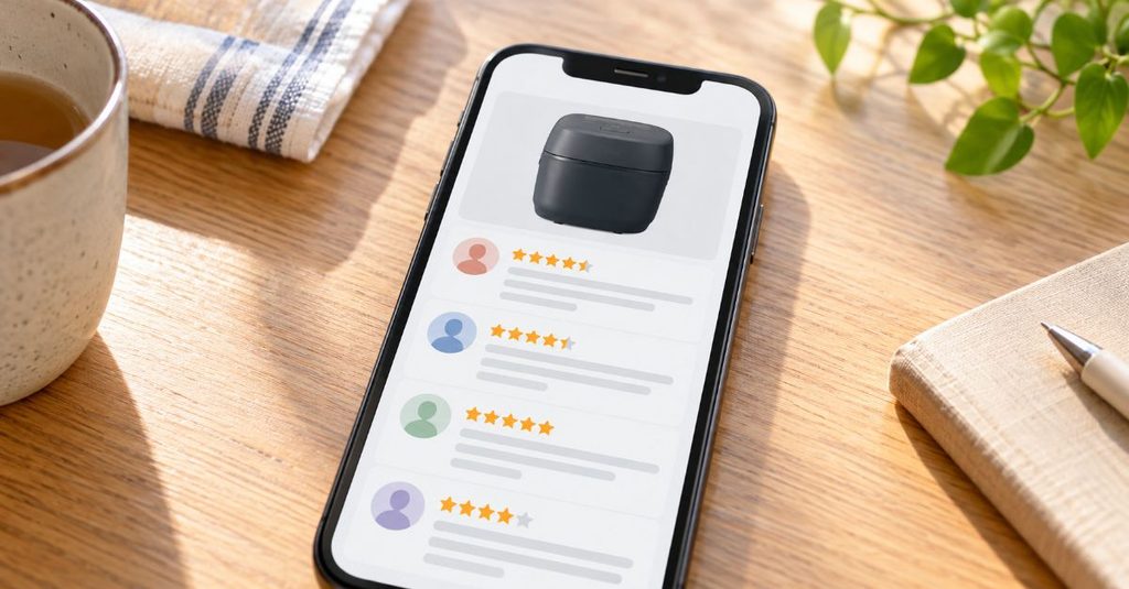 スマートフォンに表示された炊飯器の口コミ一覧画面のイメージ