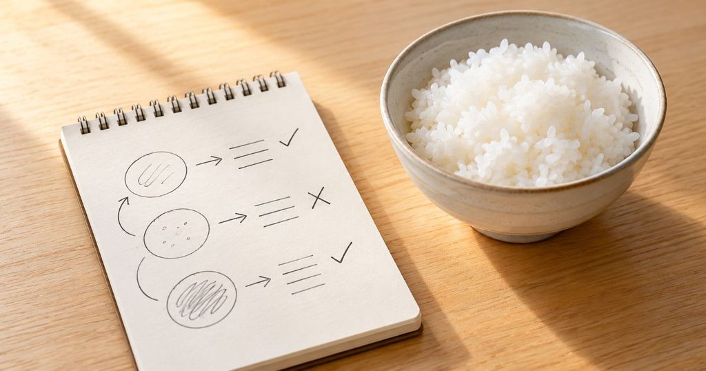 	炊き上がりを試すメモと白ご飯