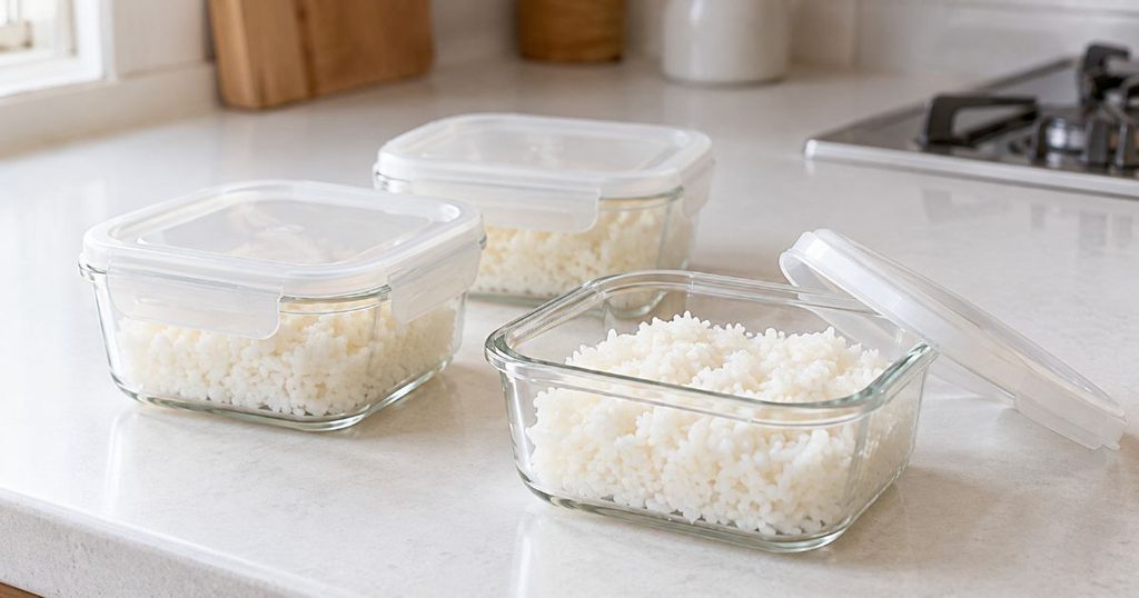 白ご飯を入れた複数の保存容器