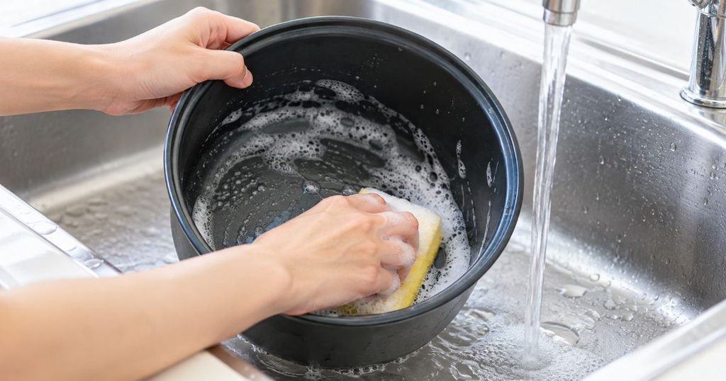 	キッチンシンクで炊飯器の内釜を洗っている様子