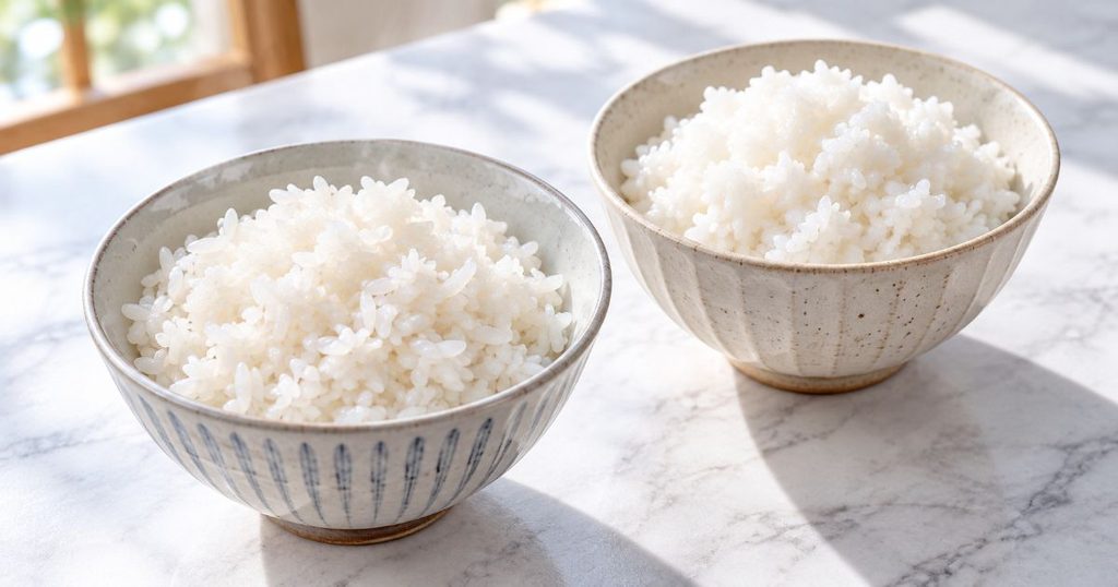 炊き上がりの異なる白ごはんを盛った2つの茶碗