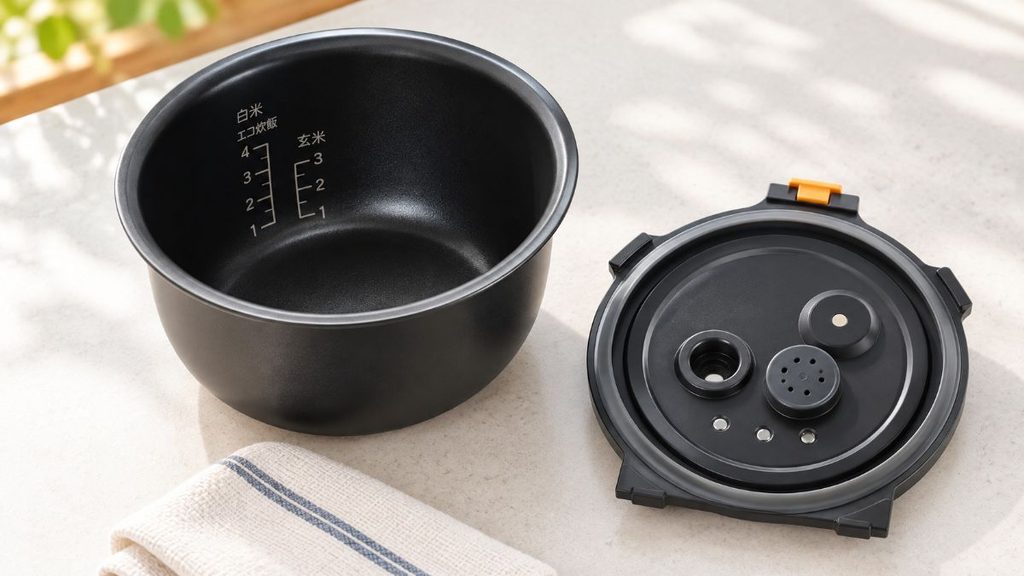 炊飯器の黒い内釜と取り外した内ぶた、乾いたふきん