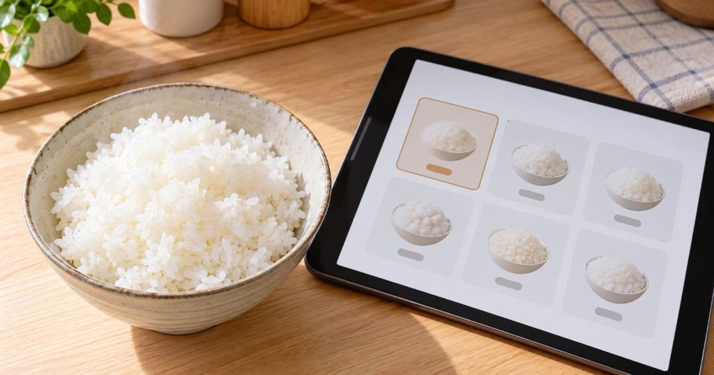 白ごはんと炊き分けの選択画面を表示したタブレット
