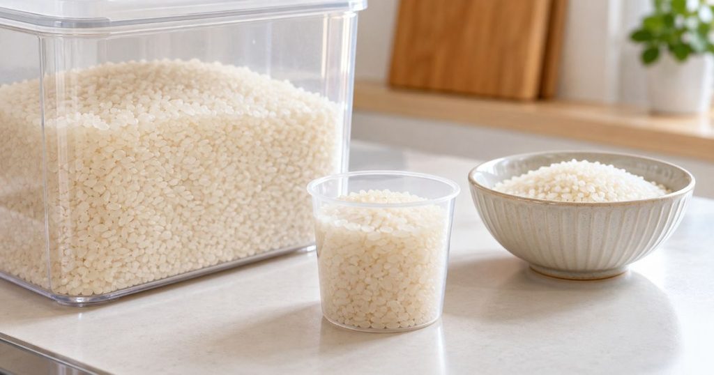 炊飯前の白米と計量カップ